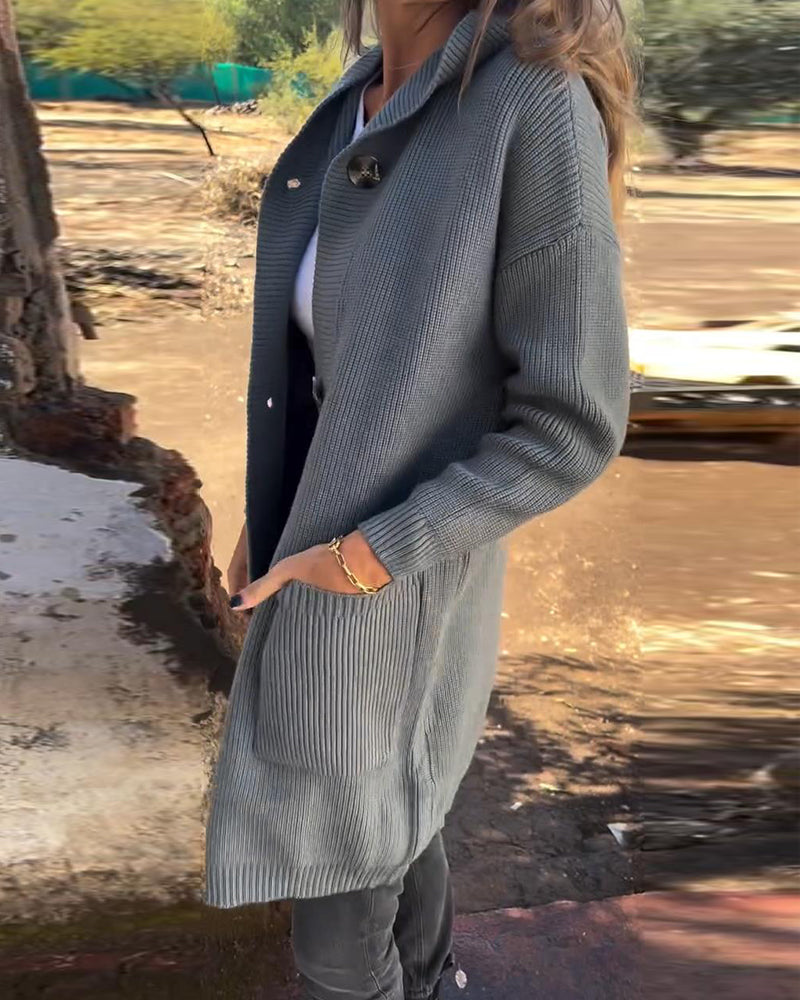 Casual ensfarvet cardigan med hætte og lommer