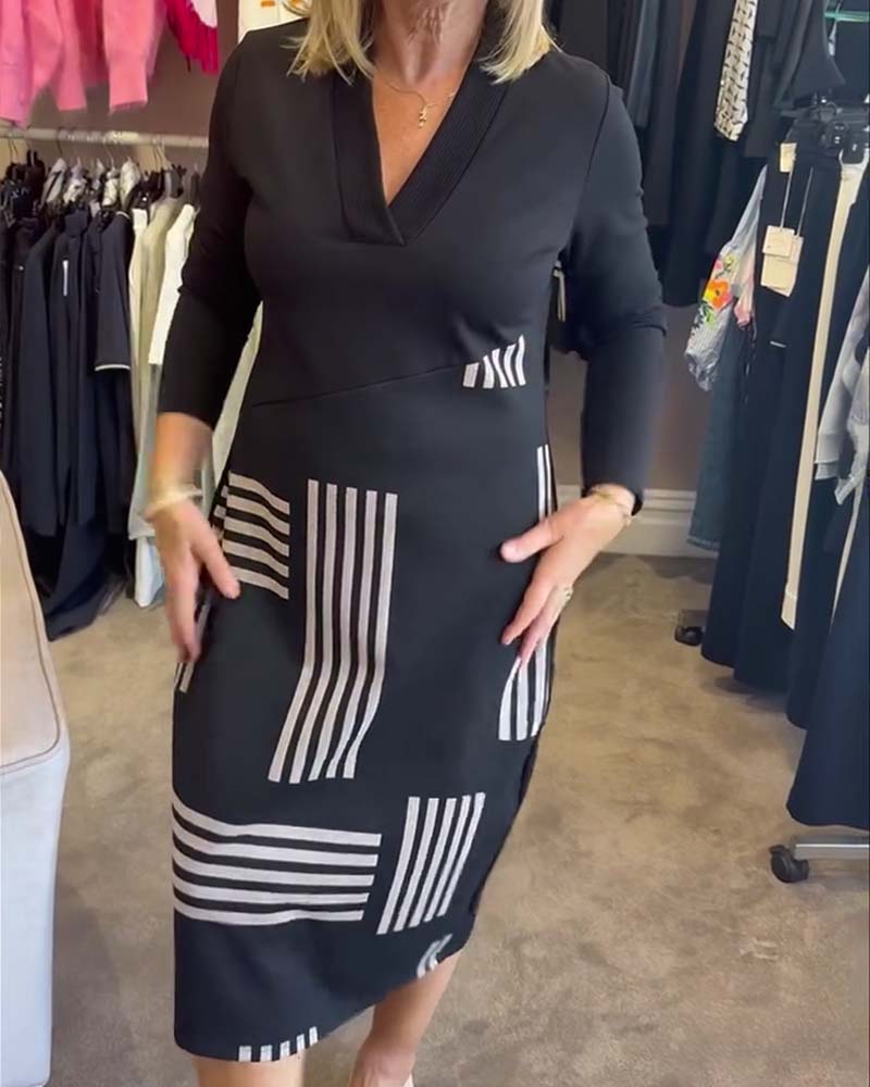 Kjole Geometrisk Stribe V-Hals Bodycon Midi