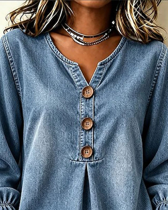 Top Denim V-Hals Knap Rynkeærme