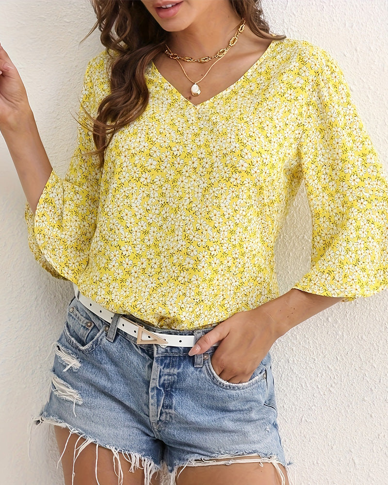 Bluse V-Hals Floral Sommerfugl Ærme