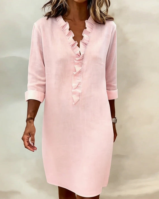 Kjole Rynket V-Hals Ensfarvet