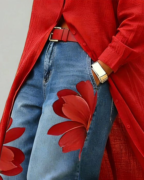 Blomstertrykte Jeans Kortskåret Bredbenet
