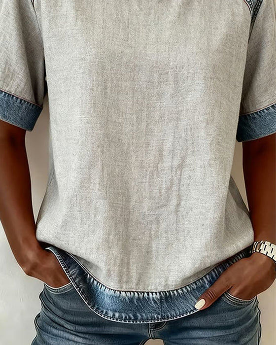 Topp Denim Patchwork Kortærmet