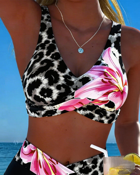 Bikini Leopard Tryk Blomstret Kontrastfarve