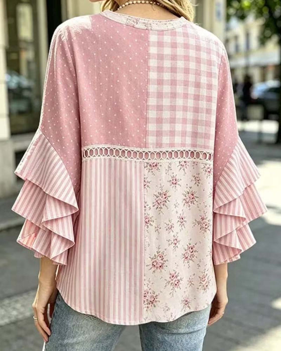 Bluse Dobbelt Lag Ruffle Ærmer Stribet Prikket Tryk