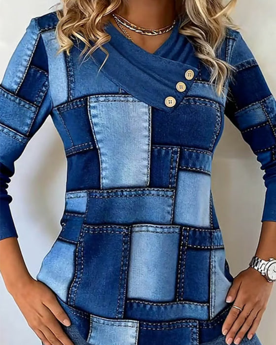 Langærmet Top Med V-Hals Og Kontrast I Ensfarve