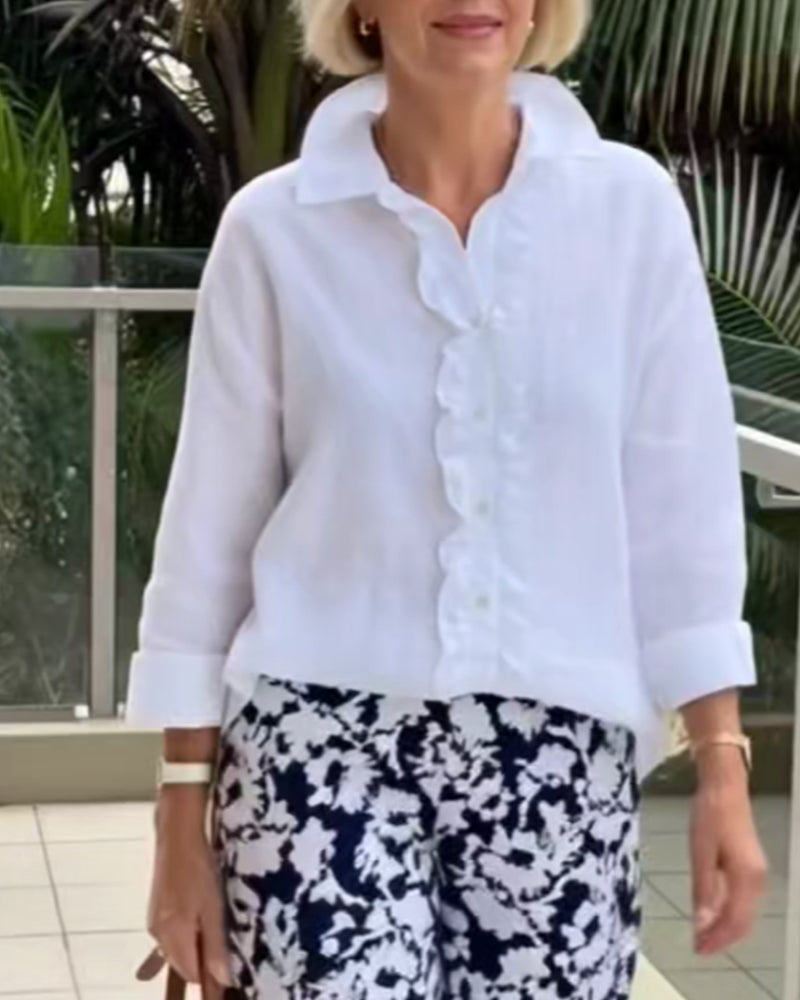 Bluse Rynket Langærmet Ensfarvet Krave