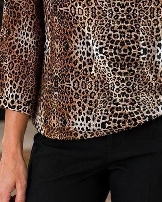 Top V-hals Leopardtryk Tre-kvart Ærme