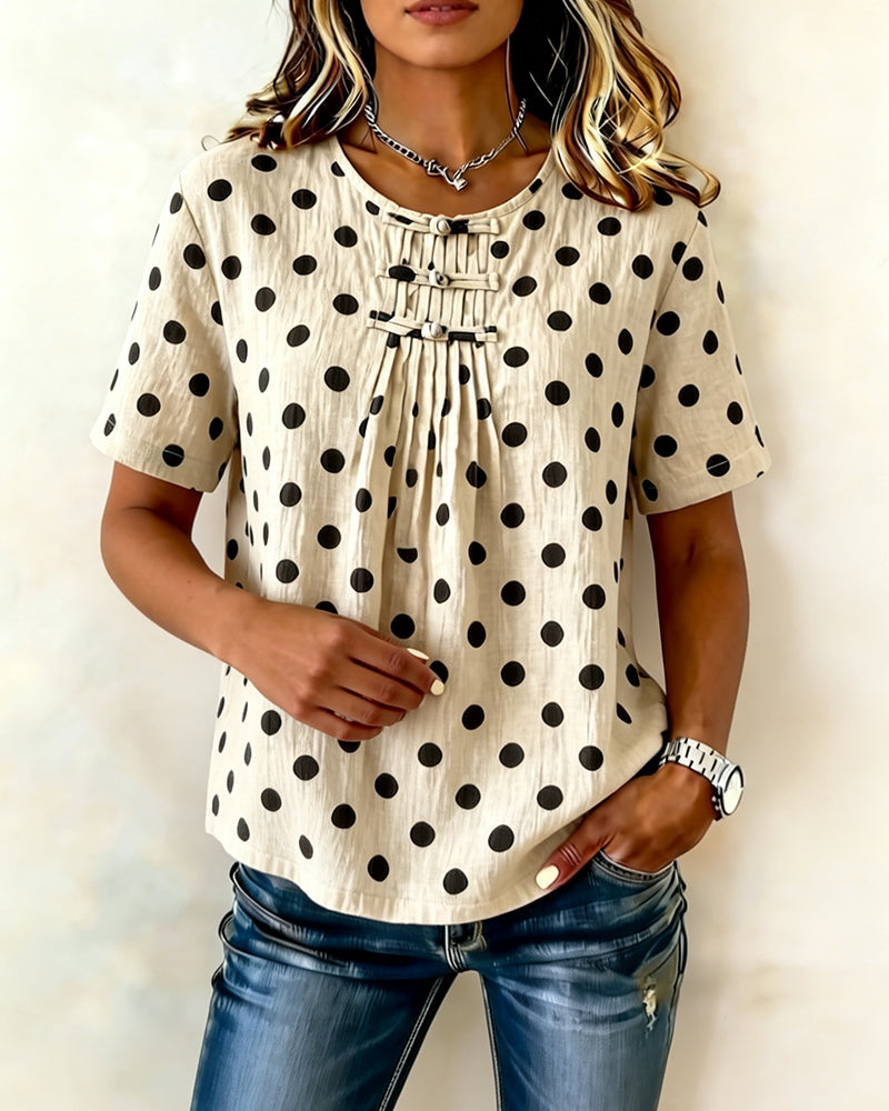 Bluse Polka Dot Frog Button Kort Ærme