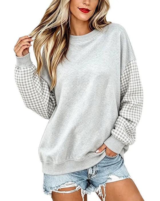 Sweatshirt Rund Hals Terning Patchwork Ensfarvet
