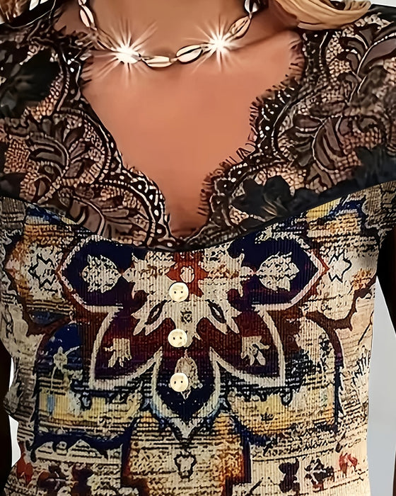 Retro-Bluse Med V-Udskæring Og Blonder