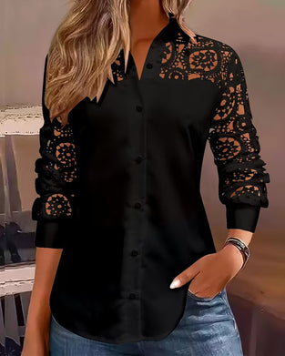 Bluse Ensfarvet Lapeler Blonder Patchwork