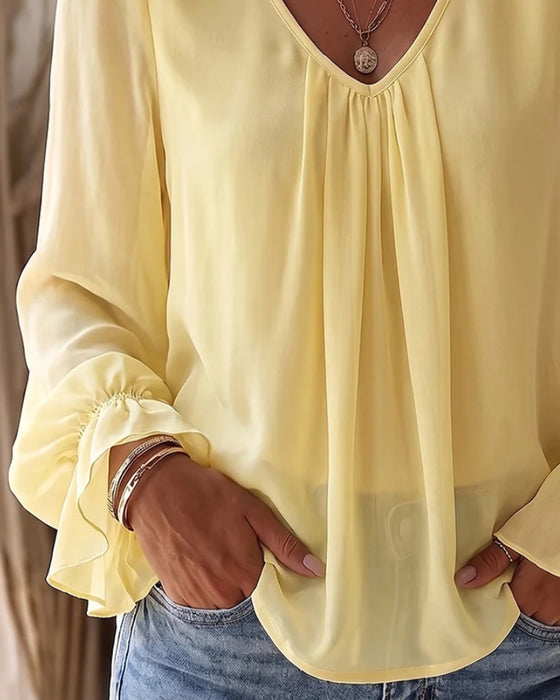 Bluse V-Hals Rynket Pufærme Ruffle