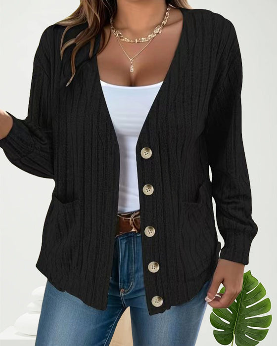 Ensfarvet V-halset langærmet cardigan