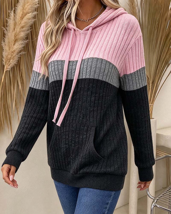 Hoodie Hætte Ribbet Kontrast Lomme