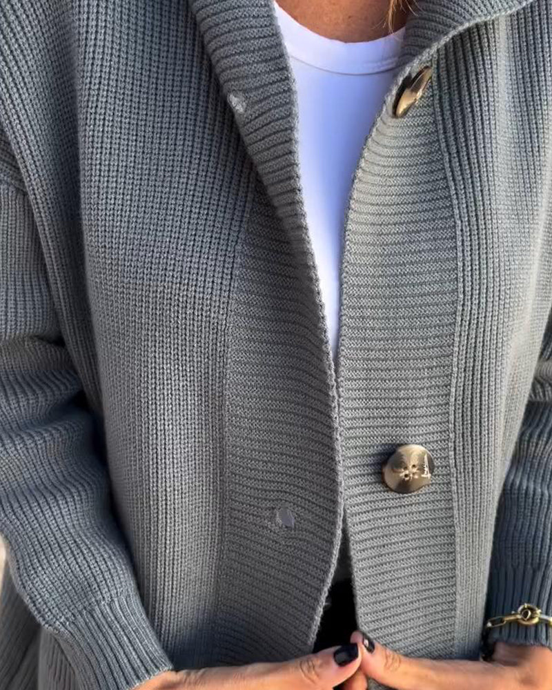 Casual ensfarvet cardigan med hætte og lommer