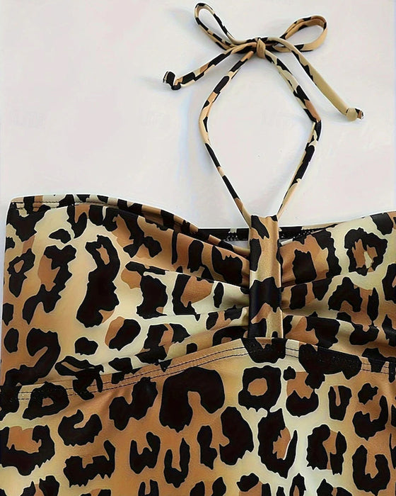 Tankini Halterneck A-Linje Leopardprint Trekant