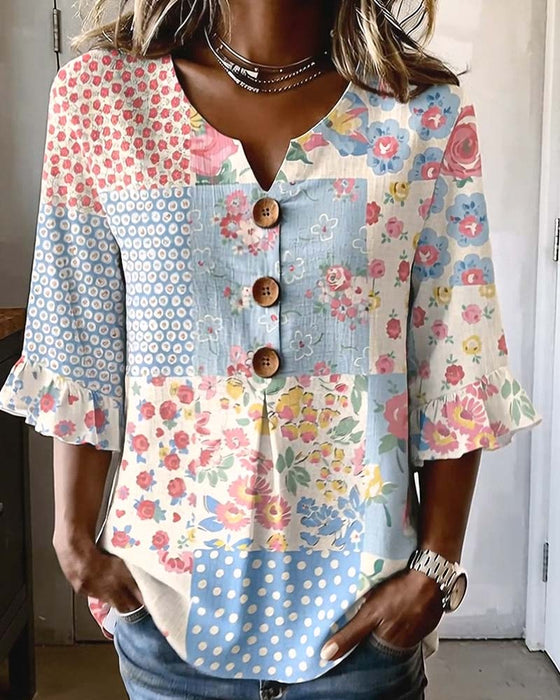 Bluse Kortærmet Blomstermønster Patchwork