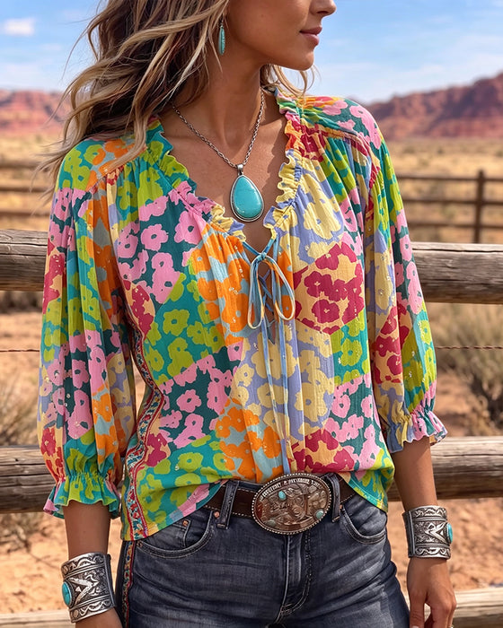 Bluse Blomstret V-Hals Bind-Foran Puff Ærme