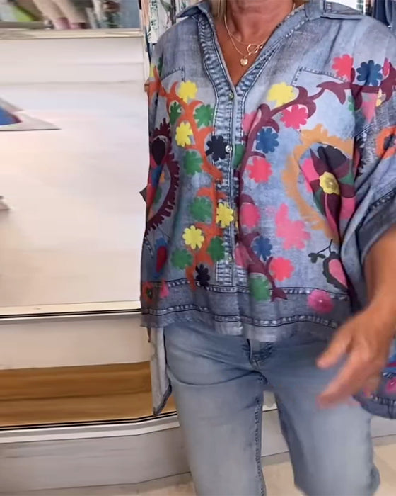Bluse Uregelmæssig Print Falsk Denim