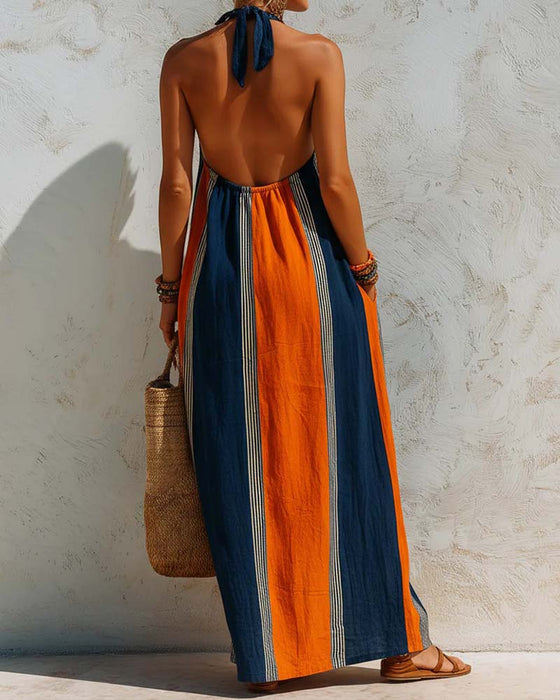 Kjole Farveblok Lodret Stribe Halter