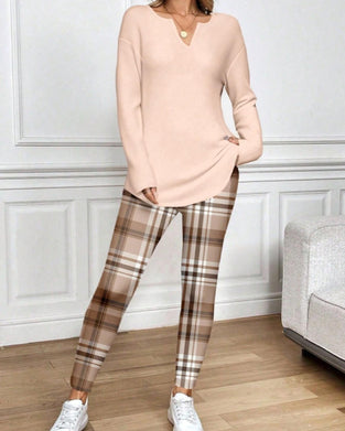 Sæt V-Hals Ensfarvet Top + ternet Bukser Loungewear