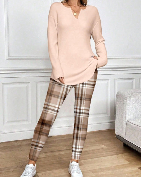 Sæt V-Hals Ensfarvet Top + ternet Bukser Loungewear