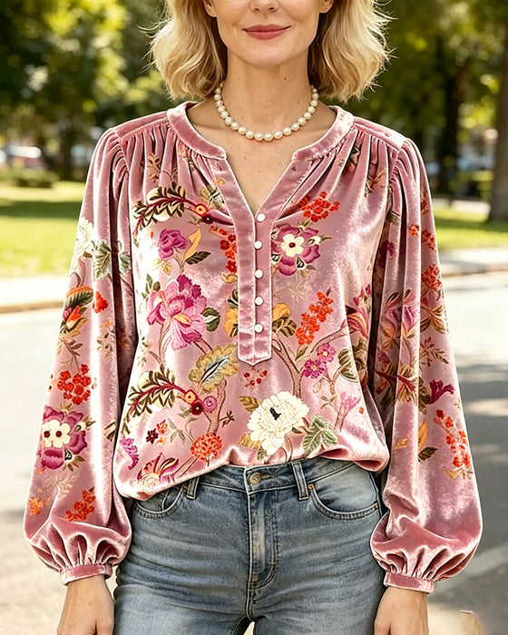 Bluse V-Hals Knap Drapet Blomstret