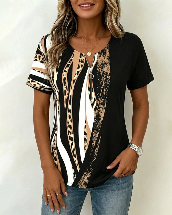 T-Shirt Lynlås Leopard Tryk Farveblok Casual