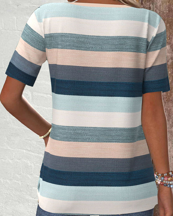 Bluse Stribet Kontrast Knap Afslappet