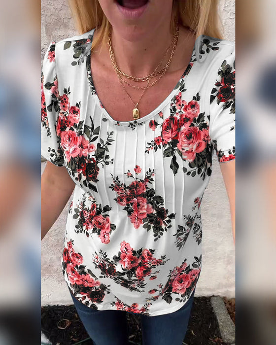 T-Shirt Med Rund Hals Blomsterprint Plisseret