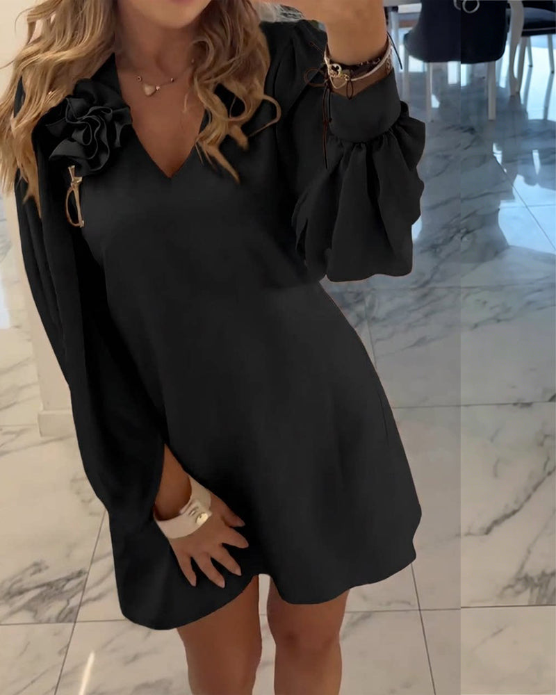 Kjole Tredimensionel Blomst V-hals Lygte Ærme