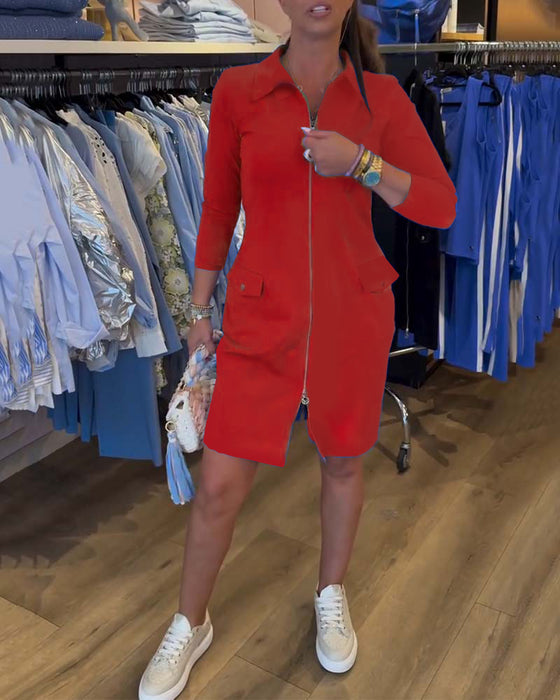 Kjole Revers Ensfarvet Lynlås Lang Ærme