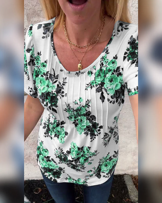 T-Shirt Med Rund Hals Blomsterprint Plisseret