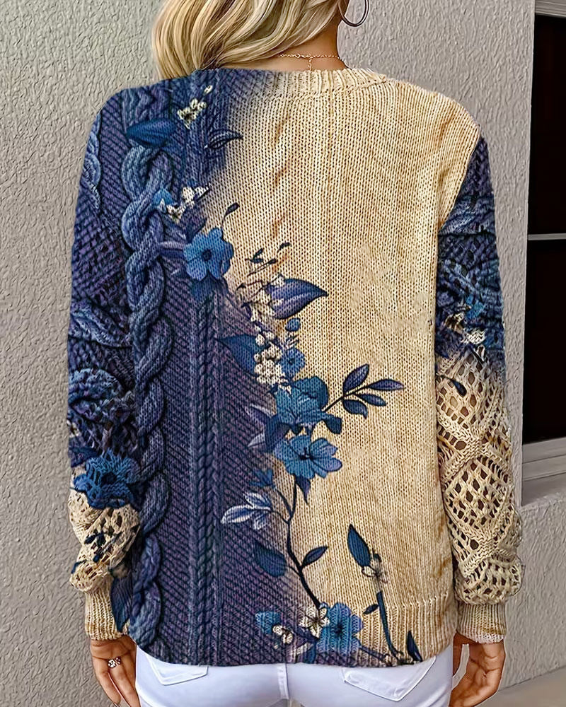 Pullover Gradient Farveblok Blomstret V-Hals Udskæring