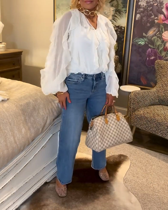 Luftig Ensfarvet Skjorte Med Flæser