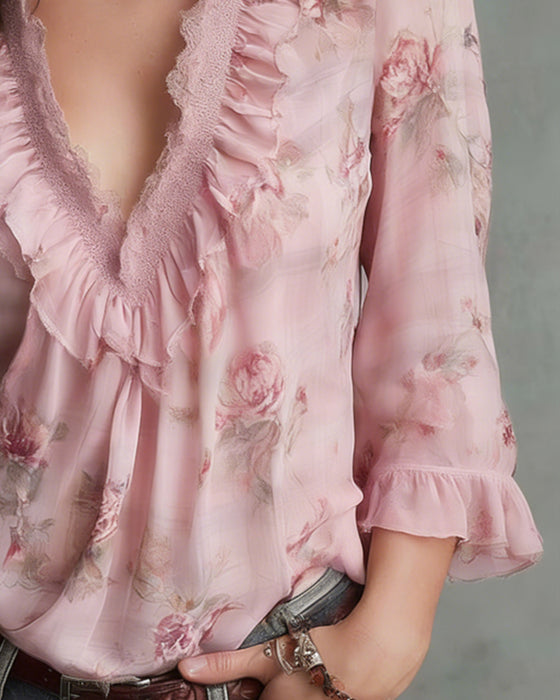 Bluse Blomstret V-Hals Rysjet