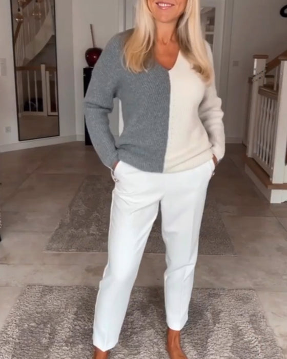 V-hals farveblok sweater