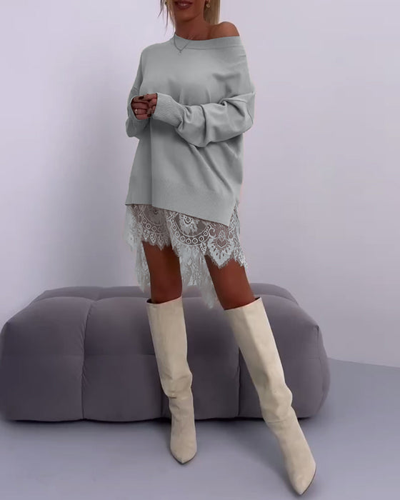 Ensfarvet slim fit off-shoulder sweater med blonder