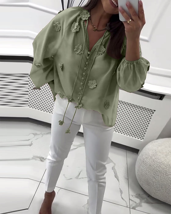 Bluse Ensfarvet 3D-Blomster Snøre