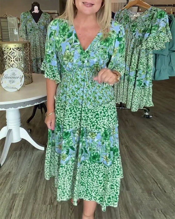 Kjole V-Hals Lotussærme Blomstret