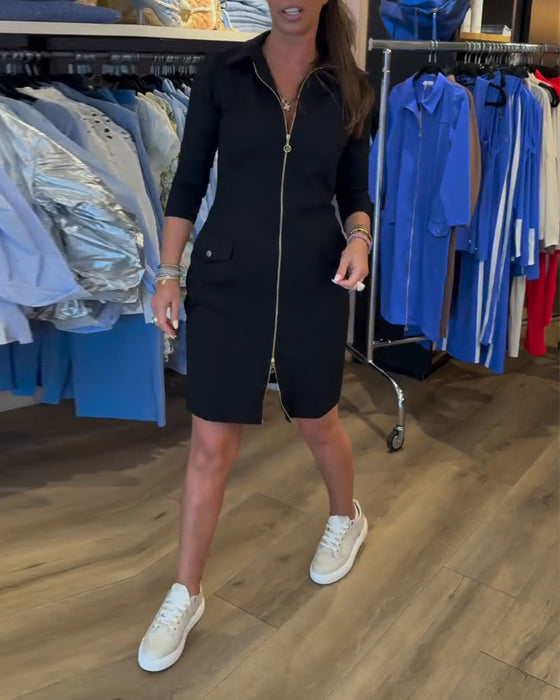 Kjole Revers Ensfarvet Lynlås Lang Ærme