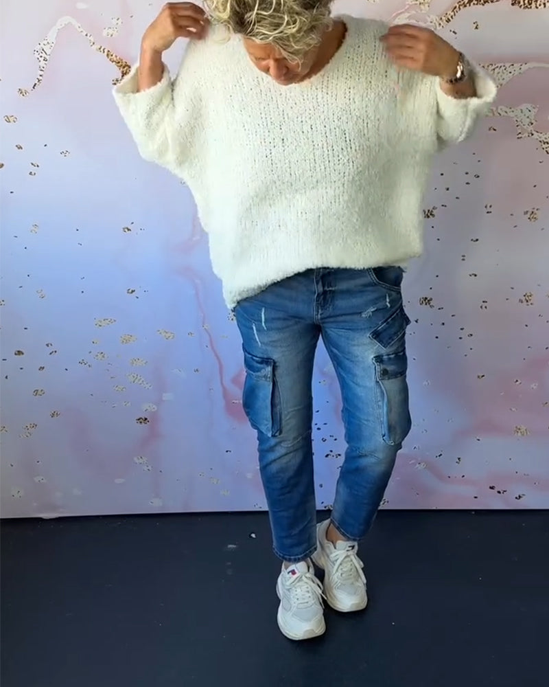 Ensfarvet sweater i løs pasform