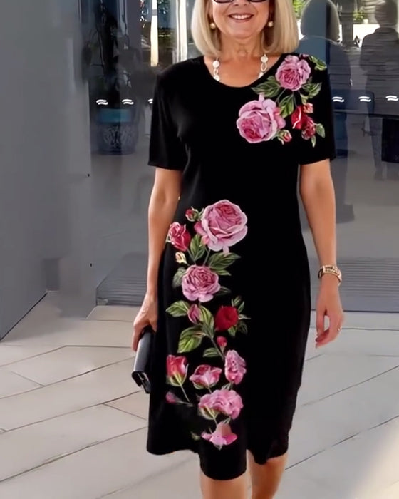 Kjole Korte Ærmer Rosetryk Shift