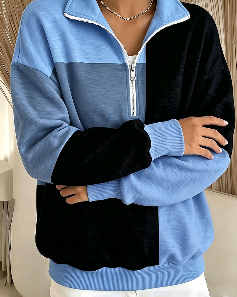 Sweatshirt Ternet Farveblok Lynlås Ståkrave