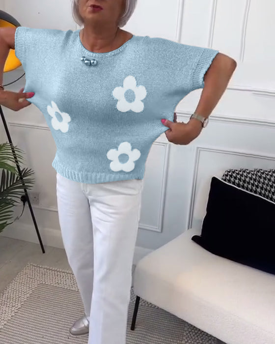 Slim fit striktrøje med rund hals og blomstermotiver