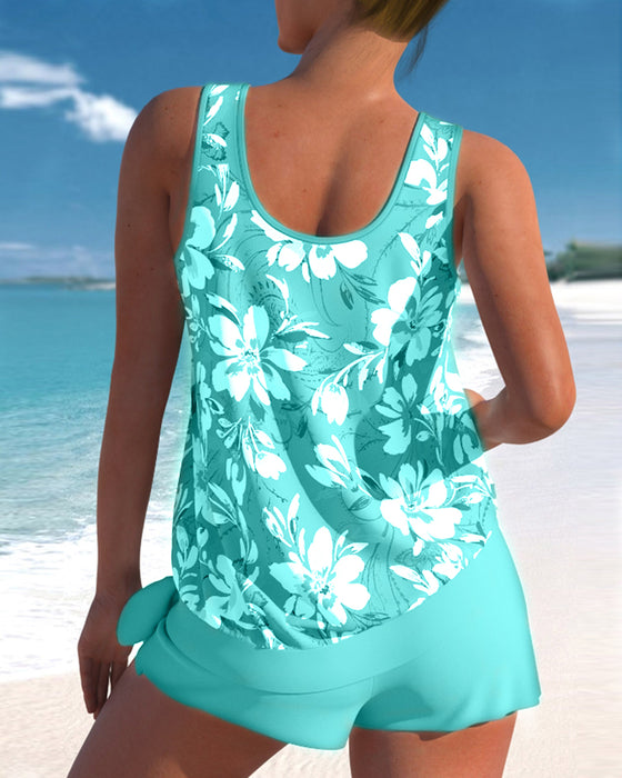 Casual blomstermønstret tankini m/shorts