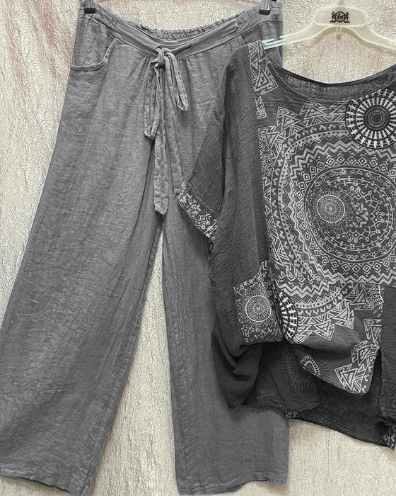 To-delt sæt | Bluse med print og bukser med elastikbånd