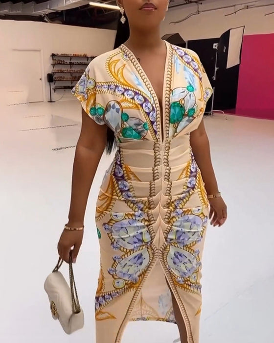 Gul slim fit kjole med print