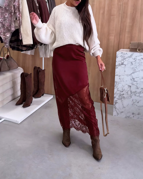 Elegant Satin Nederdel Med Blondepatchwork